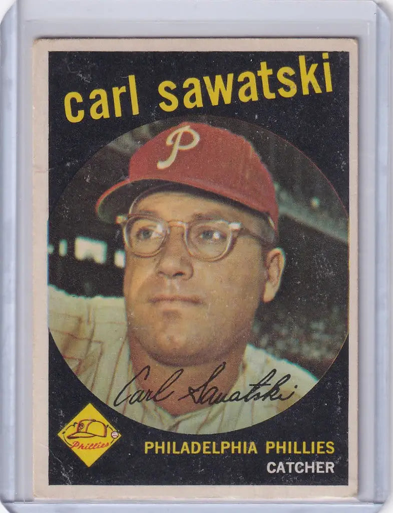 Vintage 1959 Topps Carl Sawatski Philadelphia Phillies baseball card with catcher in cap