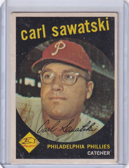 Vintage 1959 Topps Carl Sawatski Philadelphia Phillies baseball card with catcher in cap