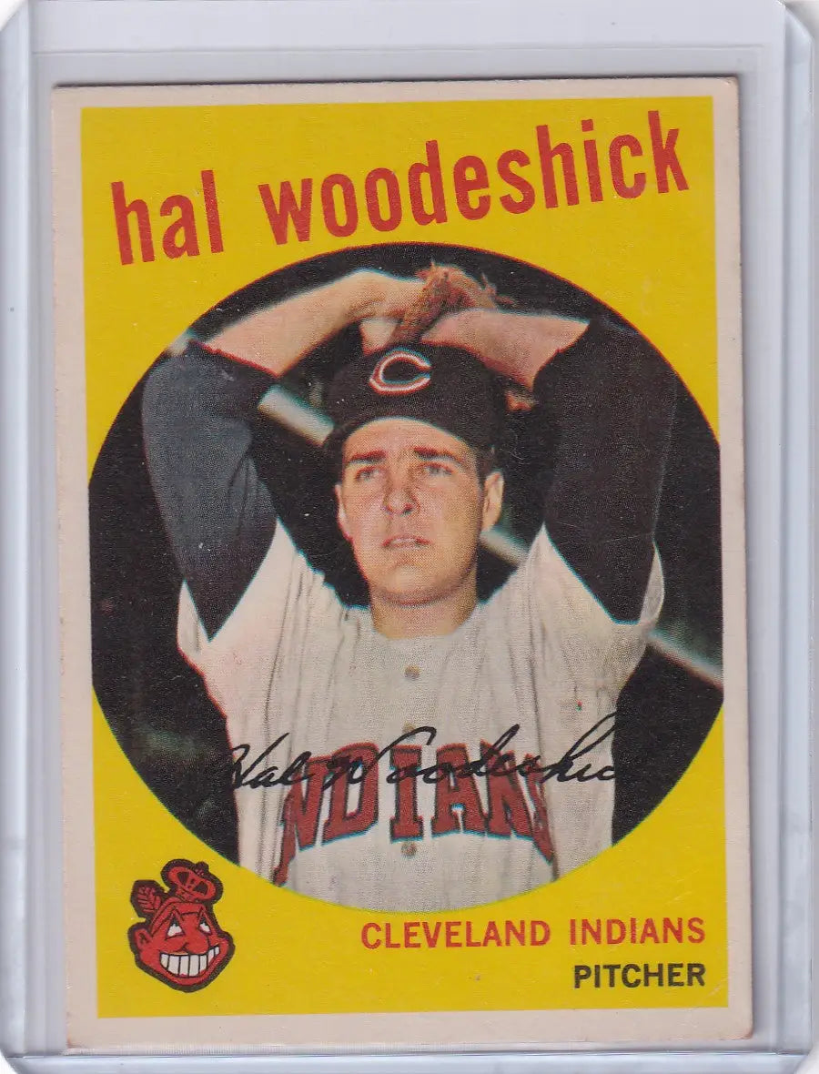 1959 Topps Baseball card of Hal Woodeshick, Cleveland Indians pitcher in windup pose