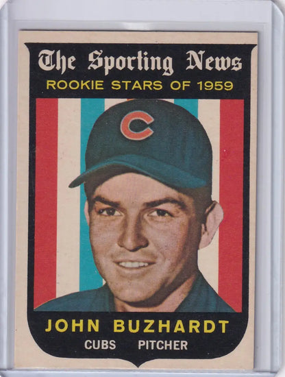 1959 Topps Baseball card of rookie pitcher John Buzhardt from the Chicago Cubs