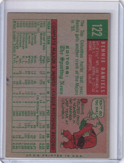 Vintage 1959 Topps Baseball card of Bennie Daniels, Pittsburgh Pirates RC, with stats illustration