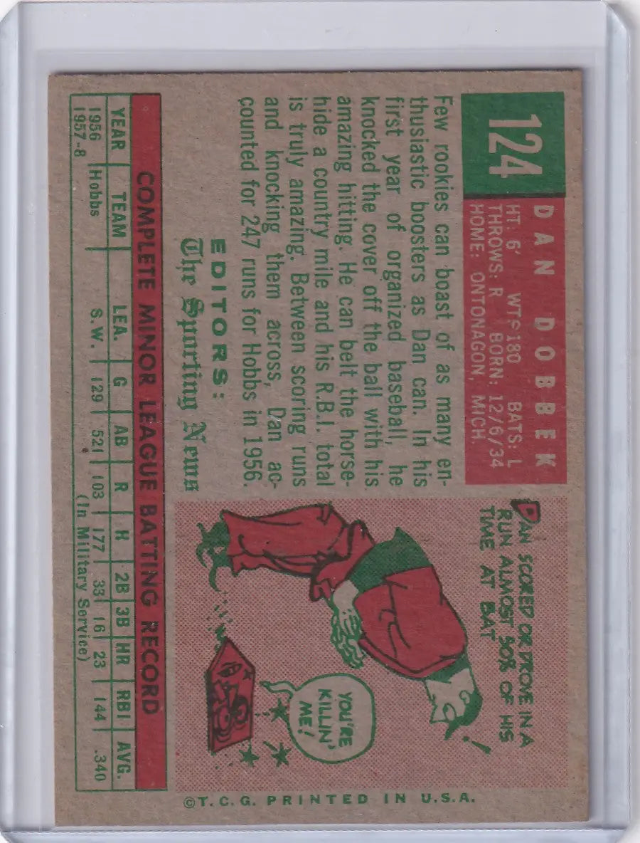 Vintage Topps Baseball card featuring Dan Dobbek and a bull and matador illustration