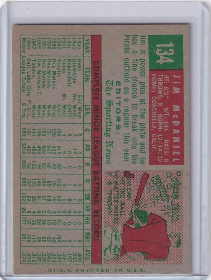 1959 Topps Baseball #134 Jim McDaniel - Pittsburgh Pirates RC