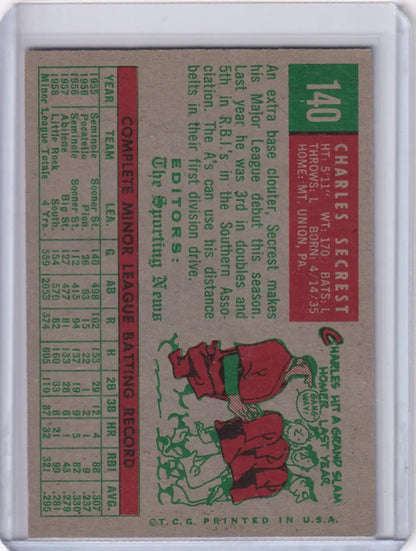 Vintage 1959 Topps Baseball card of Charlie Secrest sliding for the Kansas City Athletics