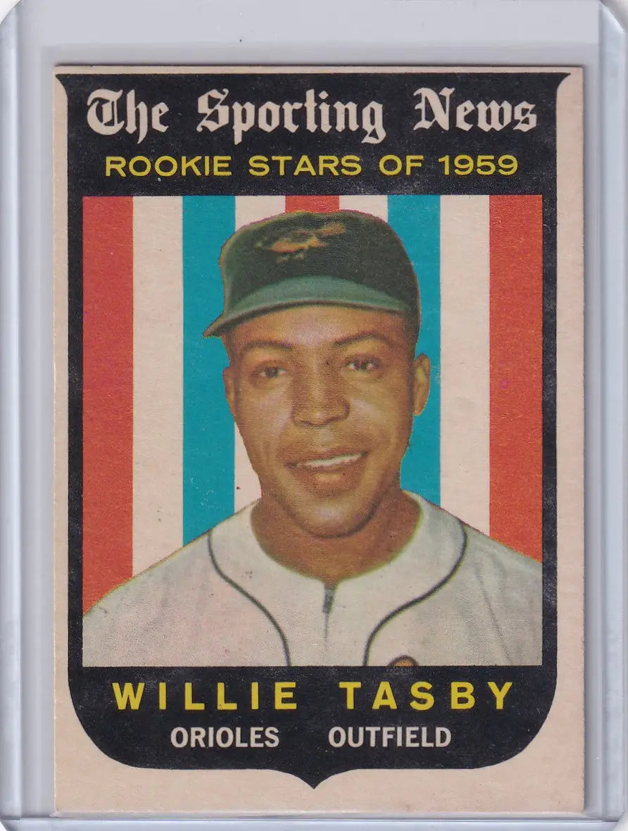 1959 Topps Baseball #143 card of Willie Tasby in Baltimore Orioles cap and uniform