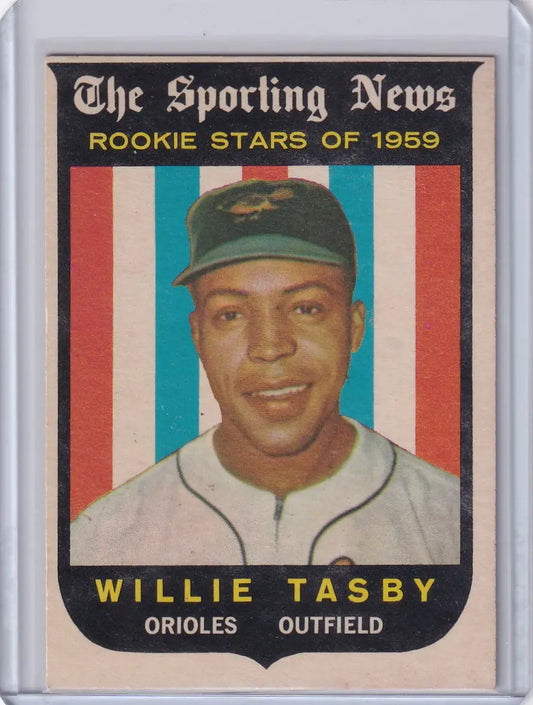 1959 Topps Baseball #143 card of Willie Tasby in Baltimore Orioles cap and uniform