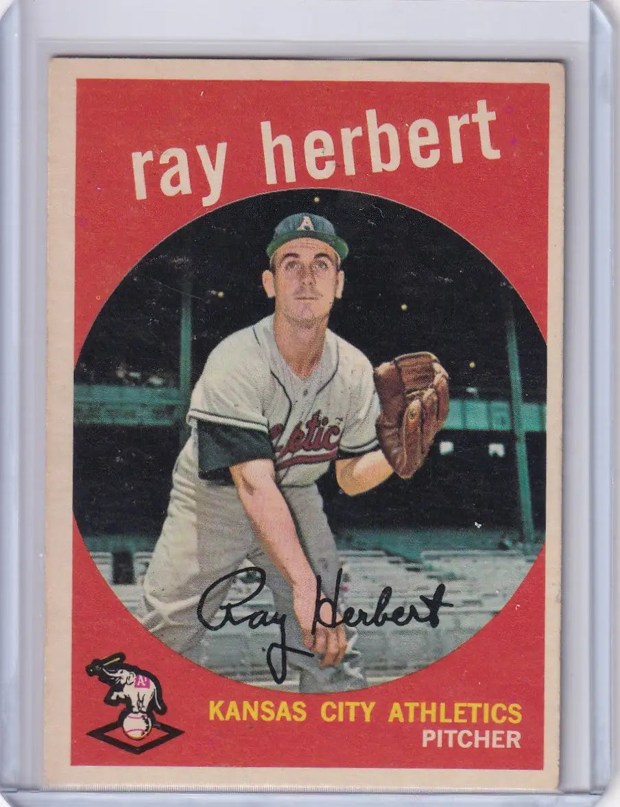 Vintage Topps Baseball card of Ray Herbert, Kansas City Athletics pitcher in white uniform