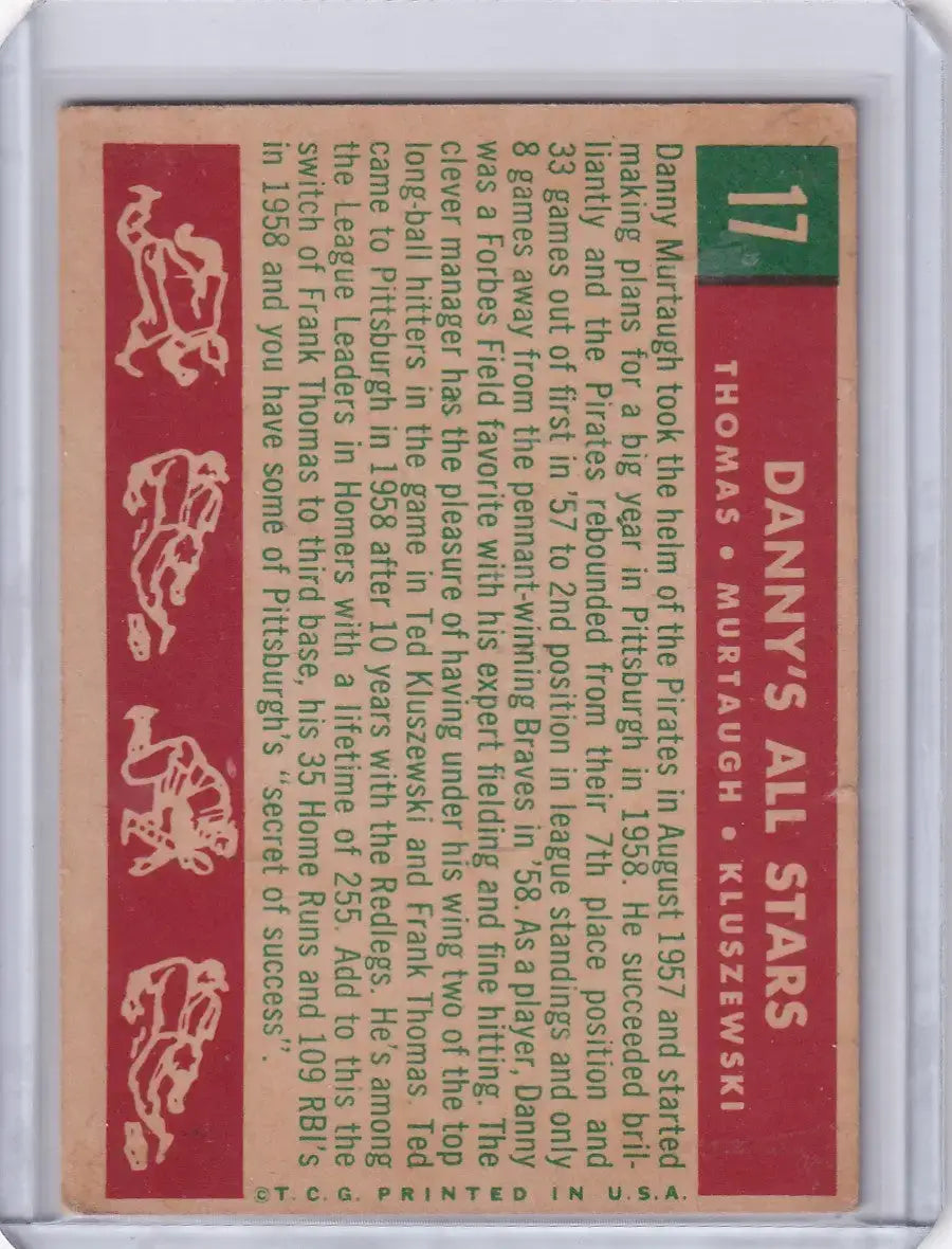 1959 Topps Baseball #17 Danny’s All-Stars - Frank Thomas/Murtaugh/Ted Kluszewski - Baseball Card Single