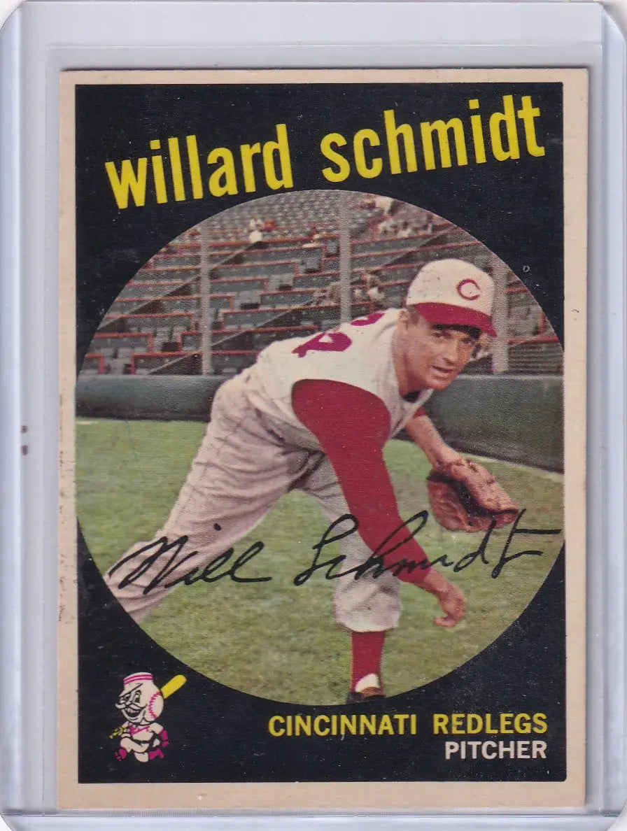 Vintage Topps Baseball card of Willard Schmidt of the Cincinnati Reds in protective sleeve