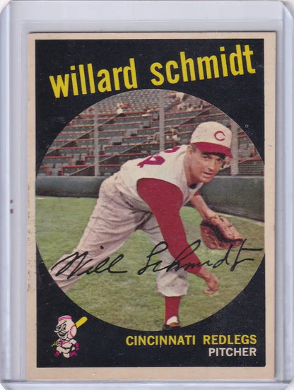 Vintage Topps Baseball card of Willard Schmidt of the Cincinnati Reds in protective sleeve