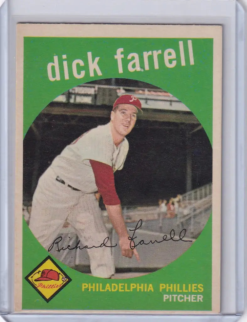 Vintage Topps Baseball card of Dick Farrell, Philadelphia Phillies pitcher in action