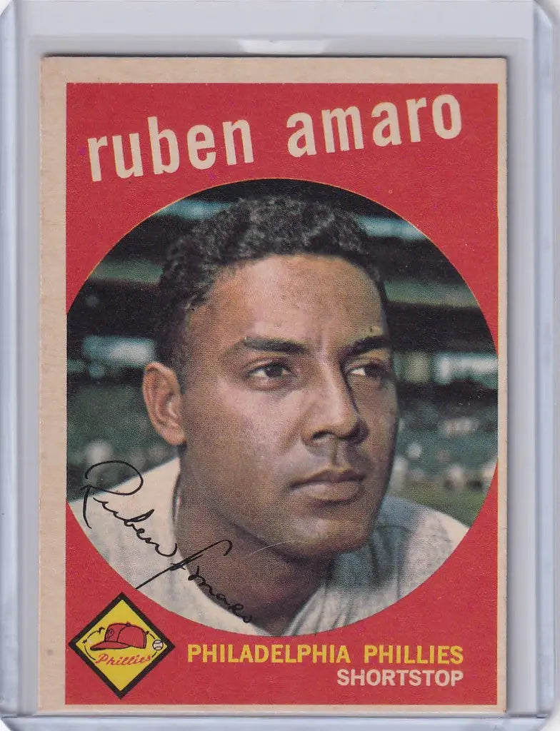 1959 Topps Baseball card of Ruben Amaro, Philadelphia Phillies shortstop from the 1950s