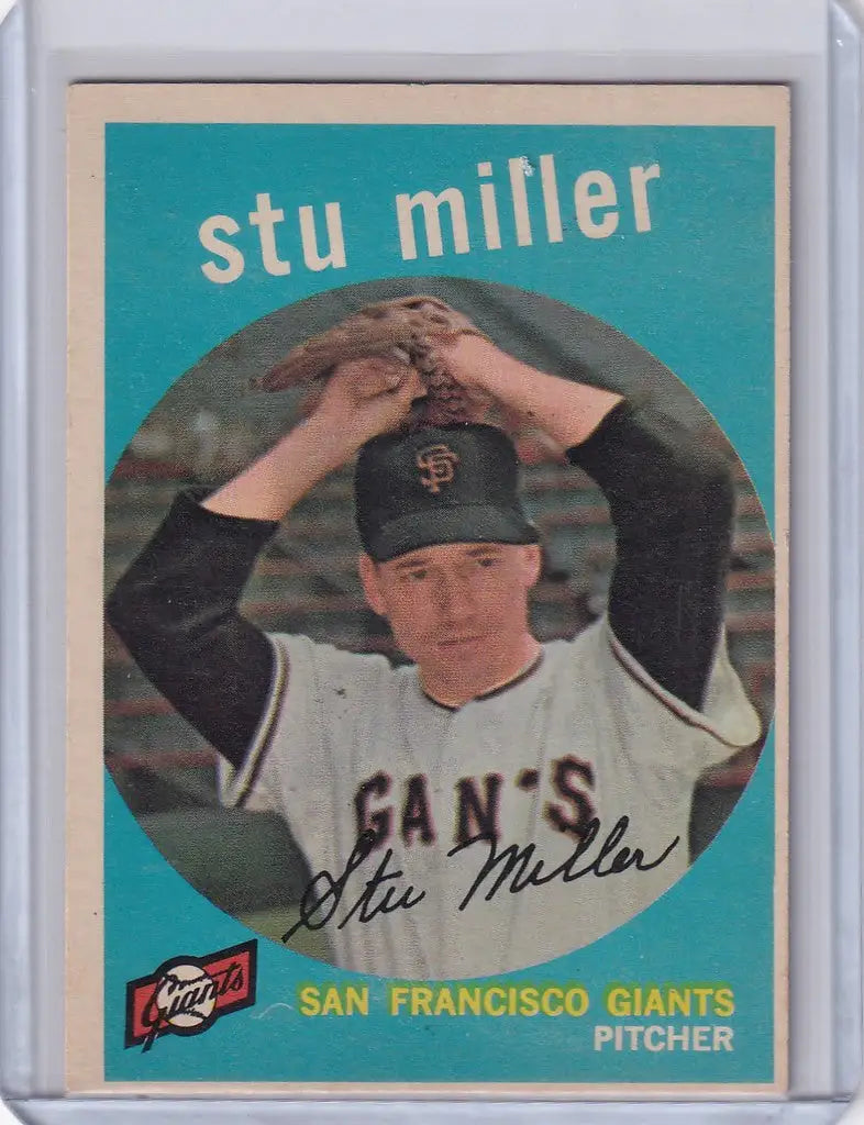 Baseball card of Stu Miller pitching for the San Francisco Giants in 1959 Topps Baseball