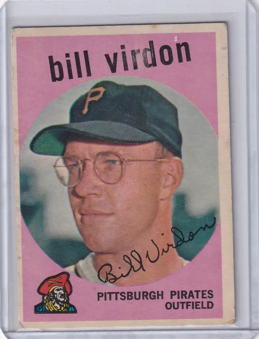 Vintage 1959 Topps Baseball card of Bill Virdon, Pittsburgh Pirates outfielder with glasses