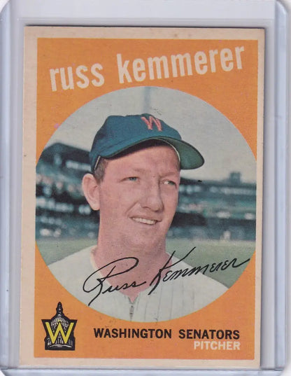 Vintage Topps Baseball card of Russ Kemmerer, Washington Senators pitcher from 1959