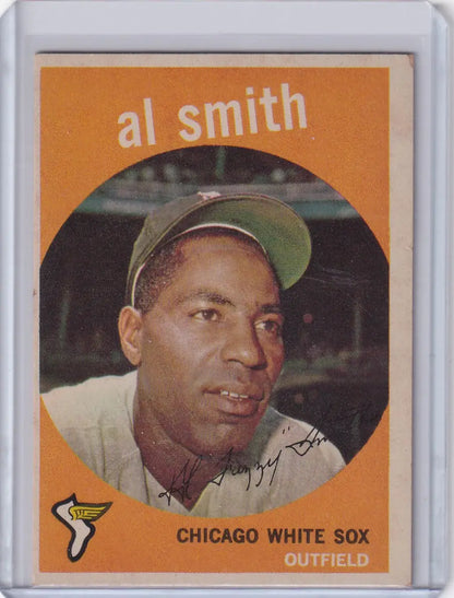 Vintage 1959 Topps Baseball card of Chicago White Sox outfielder Al Smith in green cap