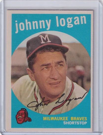 Vintage Topps Baseball card of Johnny Logan, Milwaukee Braves shortstop in cap with M logo
