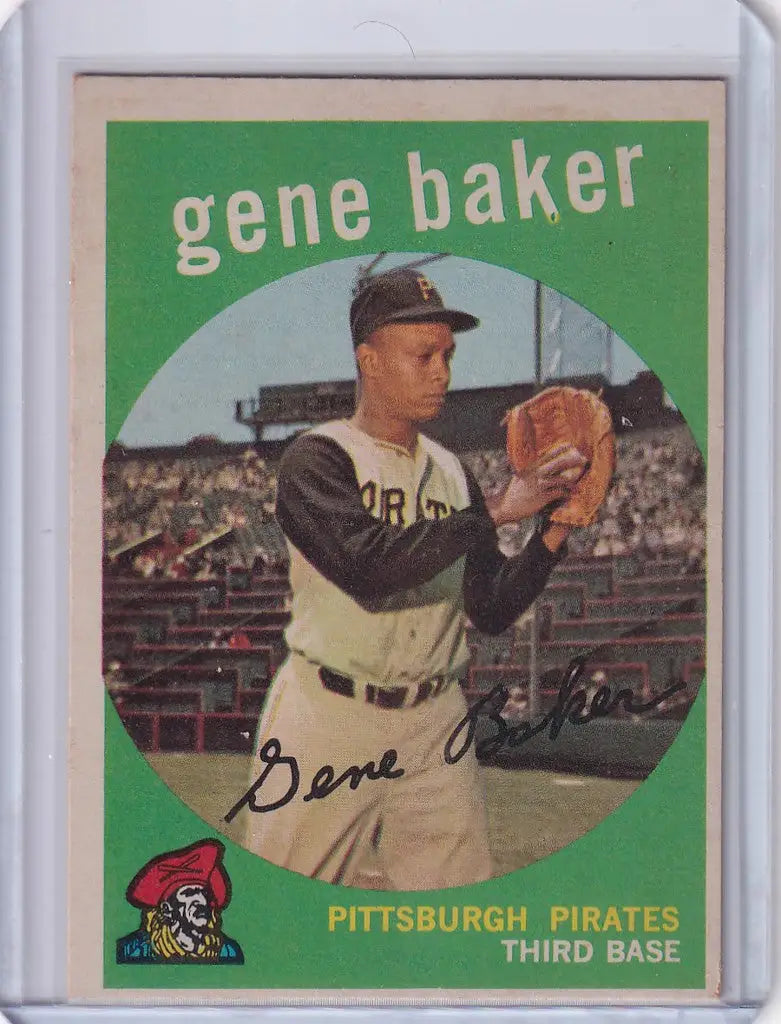 Vintage Topps baseball card of Gene Baker from the Pittsburgh Pirates in uniform