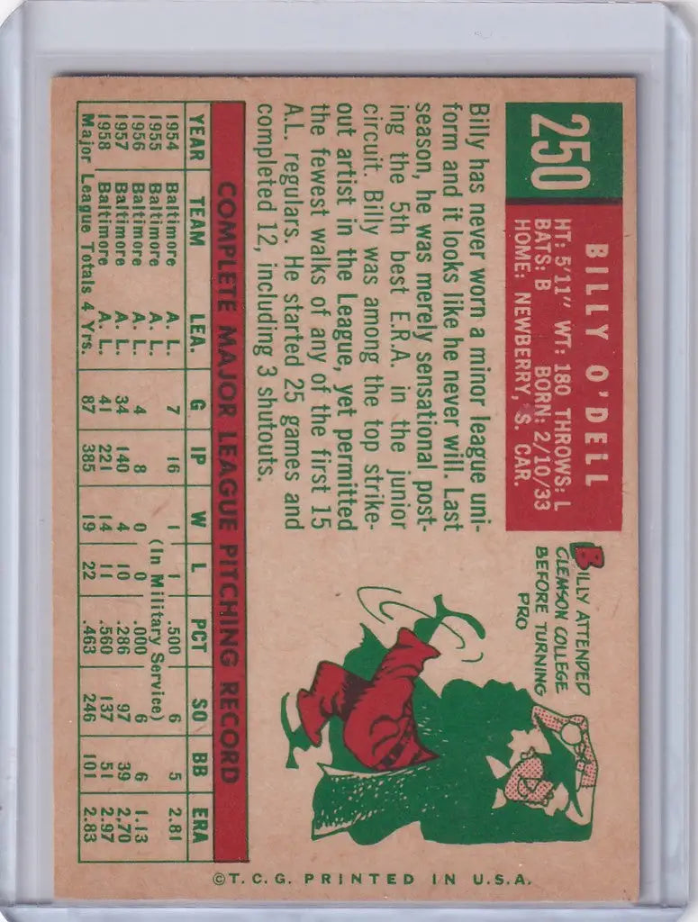 Vintage 1959 Topps Baseball card of Billy O’Dell - Baltimore Orioles sliding illustration