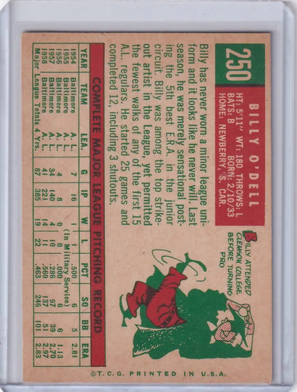 Vintage 1959 Topps Baseball card of Billy O’Dell - Baltimore Orioles sliding illustration