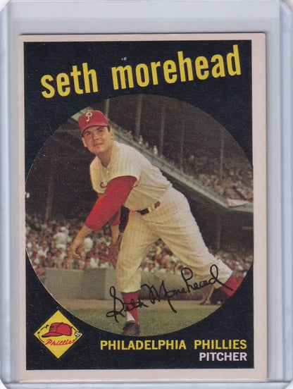 1959 Topps Baseball card of Seth Morehead in pitching stance for Philadelphia Phillies