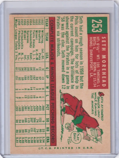 Vintage 1959 Topps Baseball card of Seth Morehead sliding into base for Philadelphia Phillies