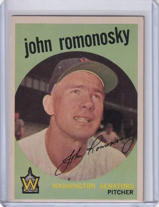 Vintage Topps Baseball card of John Romonosky, Washington Senators pitcher