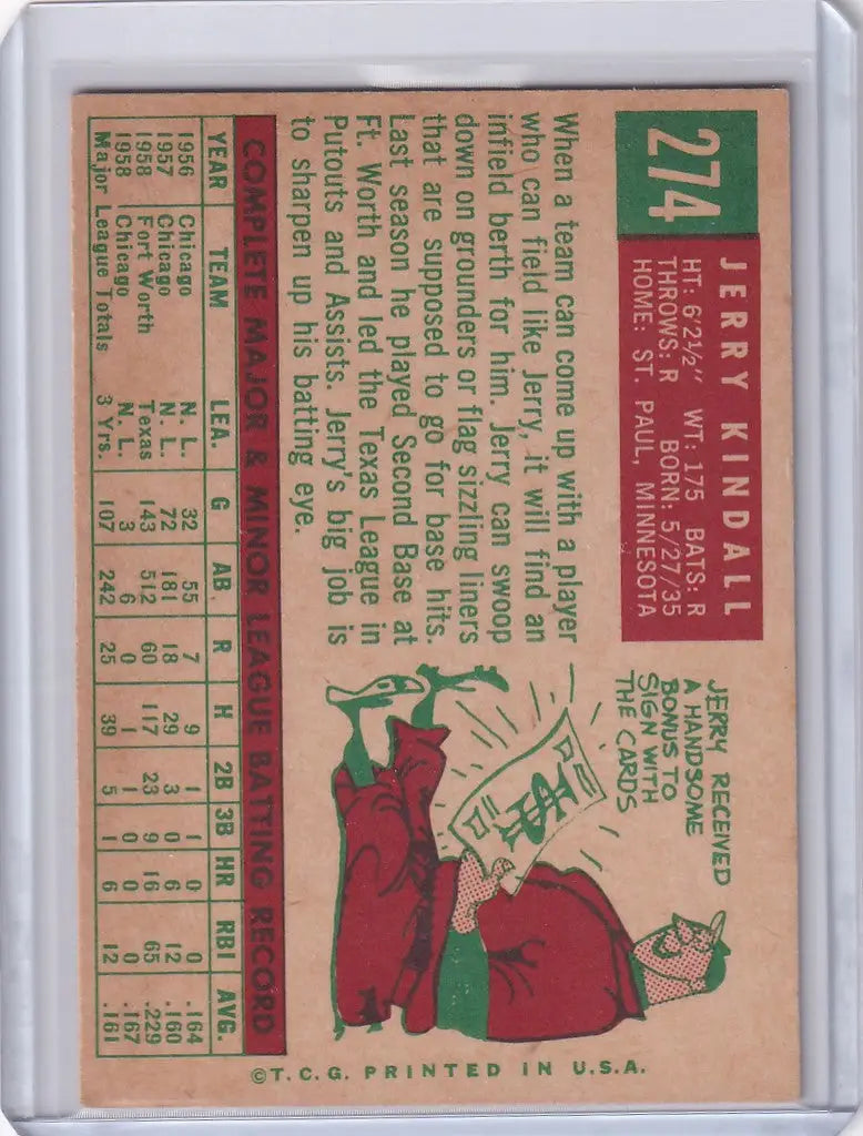 Vintage 1959 Topps Baseball card of Jerry Kindall with Chicago Cubs illustration and stats
