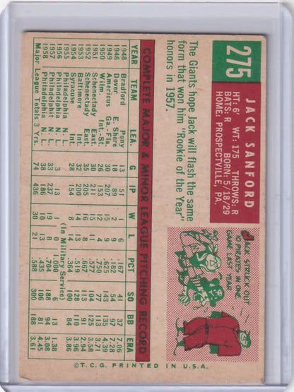 Vintage 1959 Topps Baseball card of Jack Sanford of the San Francisco Giants