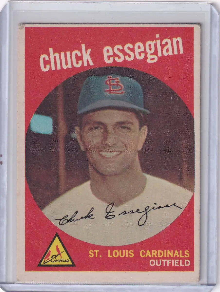 Vintage Topps Baseball card of Chuck Essegian with red border from St Louis Cardinals