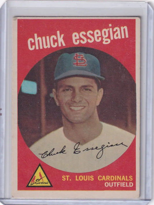 Vintage Topps Baseball card of Chuck Essegian with red border from St Louis Cardinals