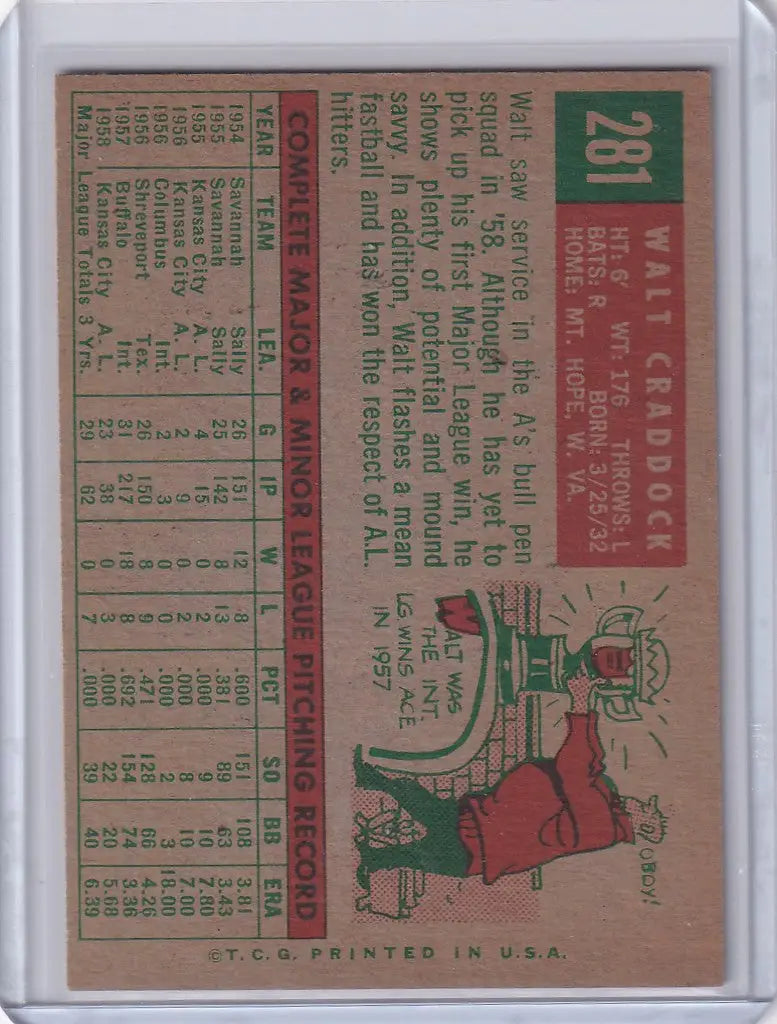Vintage Topps Baseball card of Walt Craddock featuring Kansas City Athletics stats and illustration