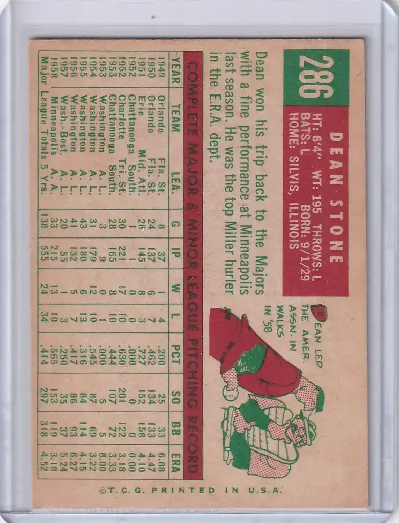 1959 Topps Baseball #286 Dean Stone - Boston Red Sox