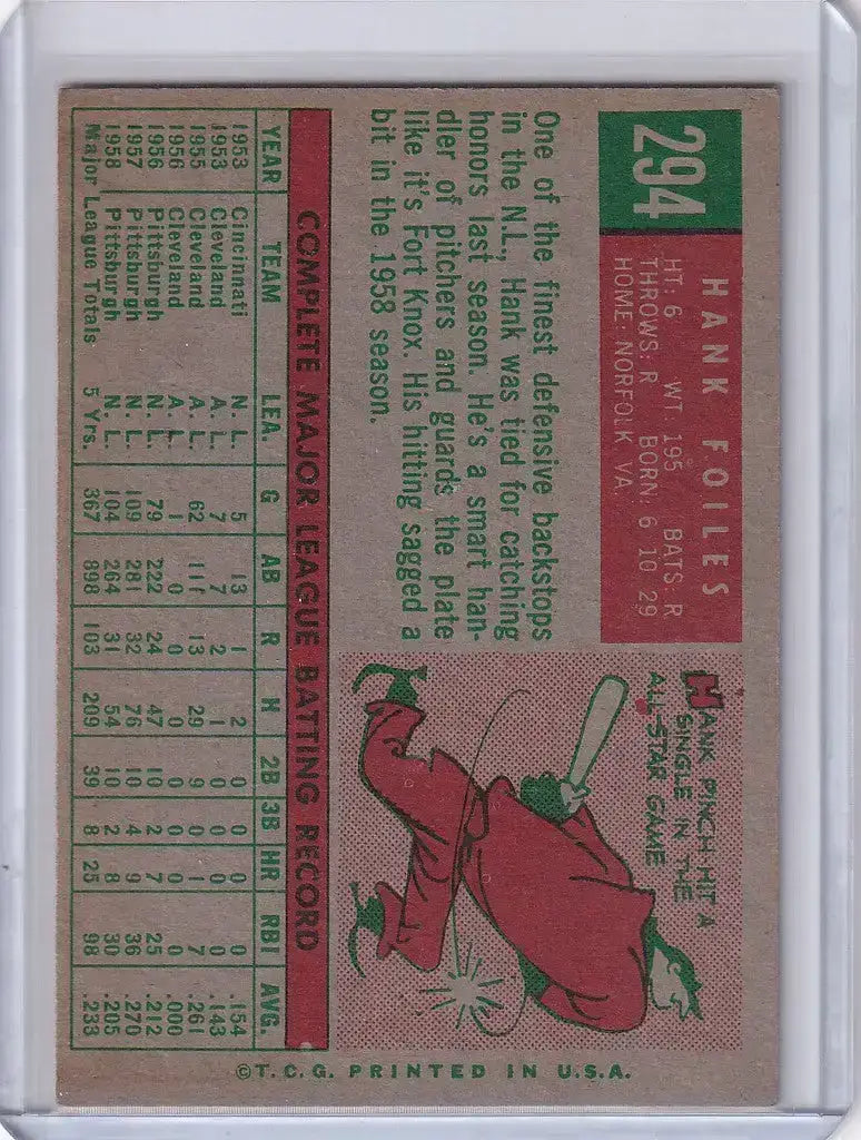 1959 Topps Baseball #294 Hank Foiles - Pittsburgh Pirates