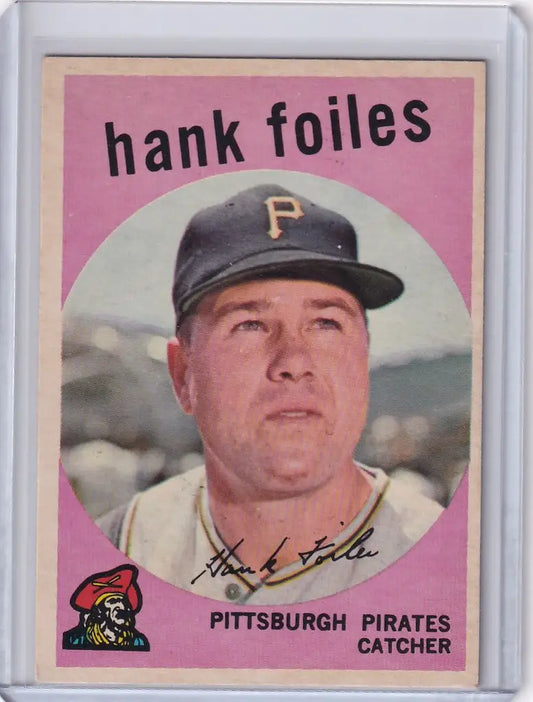Vintage Topps Baseball card of Hank Foiles, Pittsburgh Pirates catcher from 1959