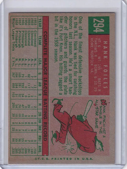 Vintage Topps Baseball card of Hank Foiles sliding for Pittsburgh Pirates statistics