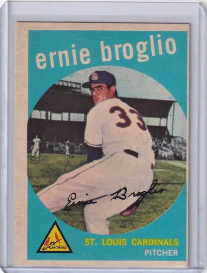Vintage Topps Baseball card of Ernie Broglio in throwing stance for St. Louis Cardinals
