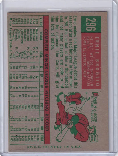 Vintage Topps Baseball card of Ernie Broglio sliding for the St. Louis Cardinals RC