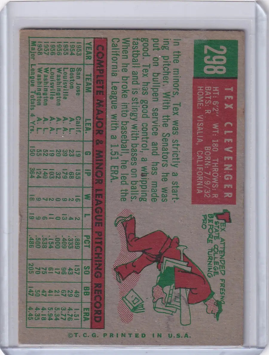 Vintage 1959 Topps Baseball card of Tex Clevenger sliding into base for Washington Senators