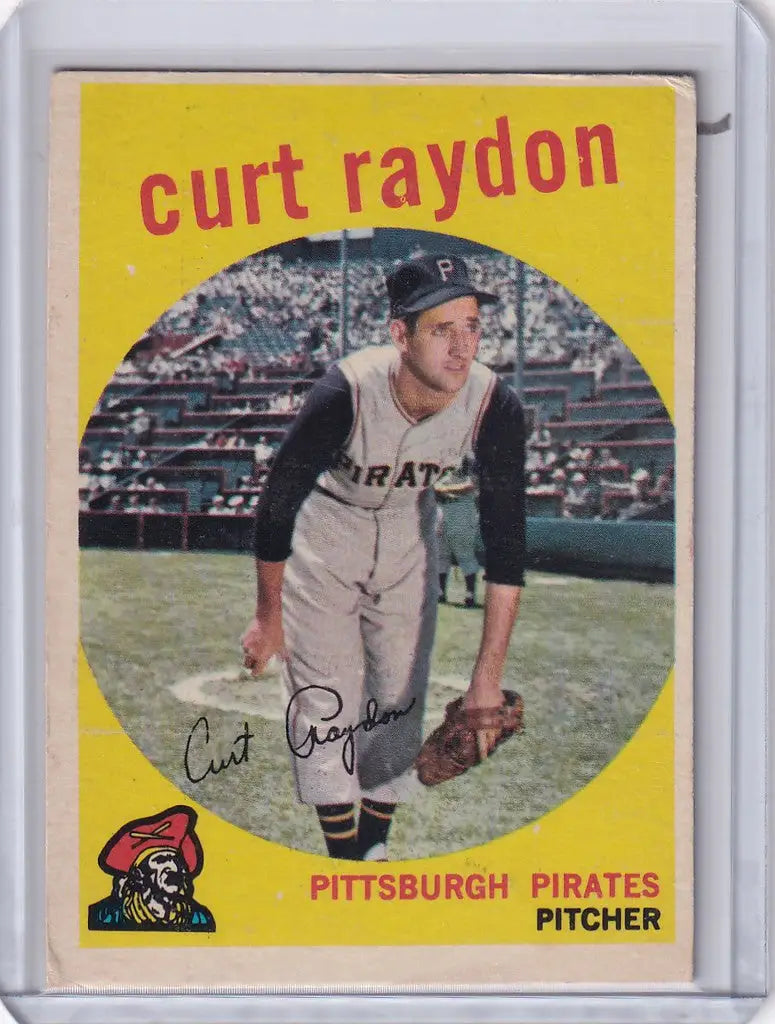 Vintage Topps Baseball card of Curt Raydon, Pittsburgh Pirates pitcher on yellow background