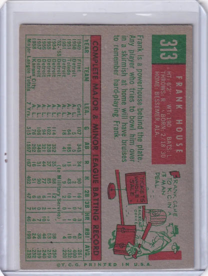 Vintage 1959 Topps Baseball card of Frank House from the Kansas City Athletics team