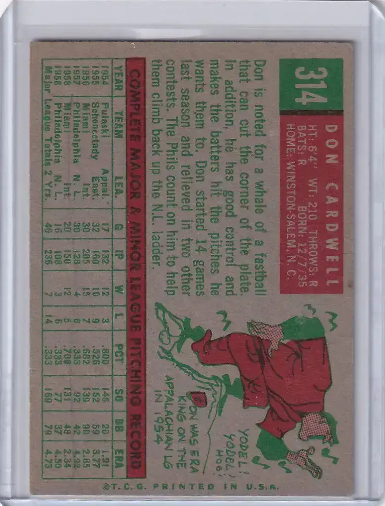 1959 Topps Baseball #314 Don Cardwell - Philadelphia Phillies