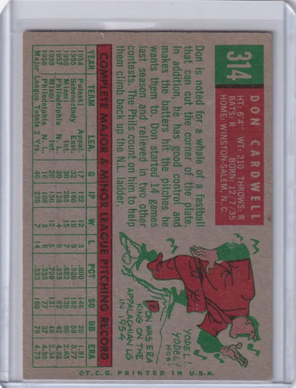 Vintage 1959 Topps Baseball card featuring Don Cardwell of the Philadelphia Phillies