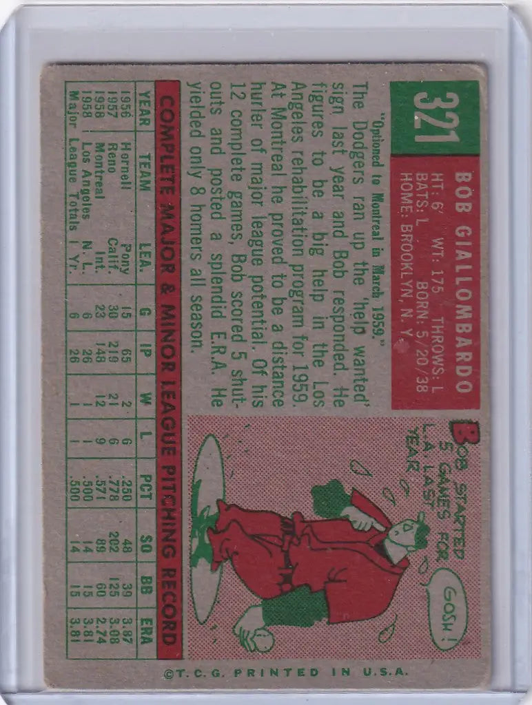 Vintage 1959 Topps Baseball #321a Bob Giallombardo card featuring Los Angeles Dodgers stats