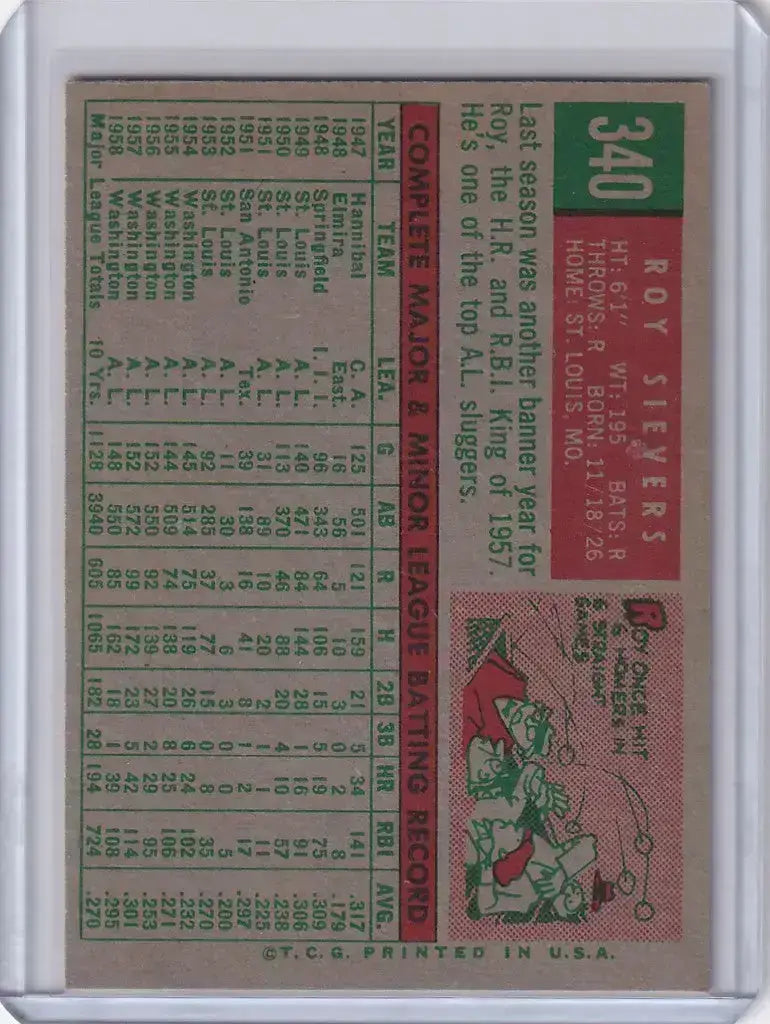 1959 Topps Baseball #340 Roy Sievers - Washington Senators