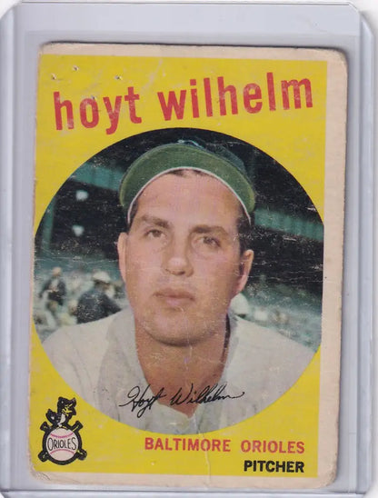 Vintage 1959 Topps Baseball card of Hoyt Wilhelm, Baltimore Orioles pitcher