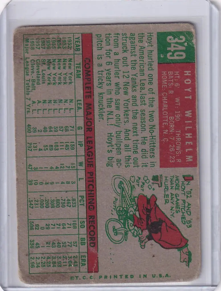 Vintage 1959 Topps Baseball Card of Hoyt Wilhelm, Baltimore Orioles with player stats