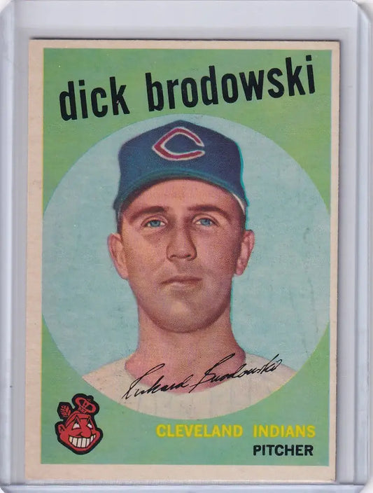 Vintage Topps Baseball card of Dick Brodowski, Cleveland Indians pitcher in blue cap