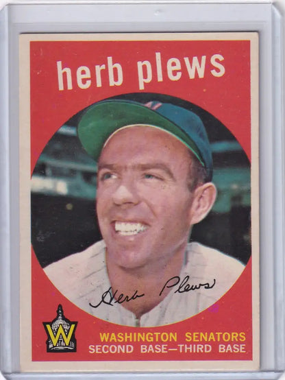 Vintage 1959 Topps Baseball card of Herb Plews from the Washington Senators smiling