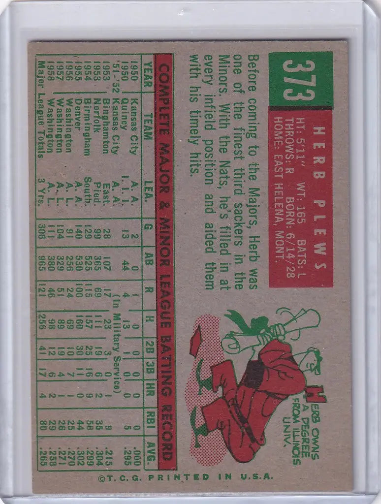 Vintage Topps Baseball card #373 Herb Plews with Santa Claus swinging a bat